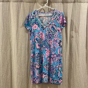 Lilly Pulitzer Pink and Blue Flutter Sleeve Sheath Dress